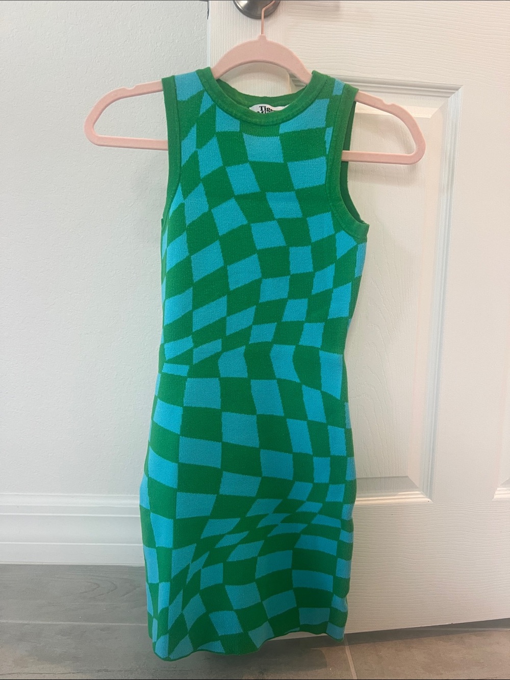 Tiger Mist Green and Teal Checkerboard Knit Tank Dress